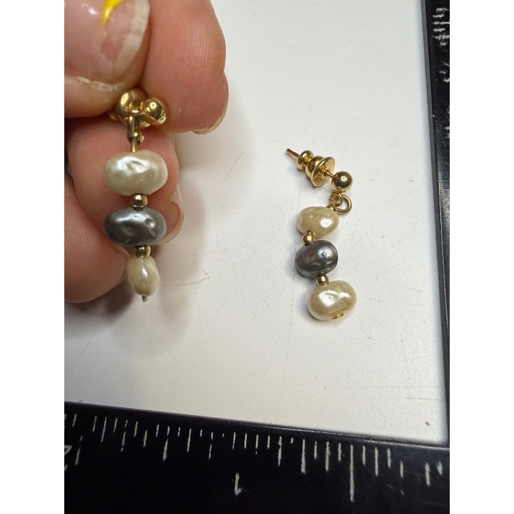 Gold Tone Baroque Pearl Triple Drop Dangle Post Earrings Cream Grey Iridescent